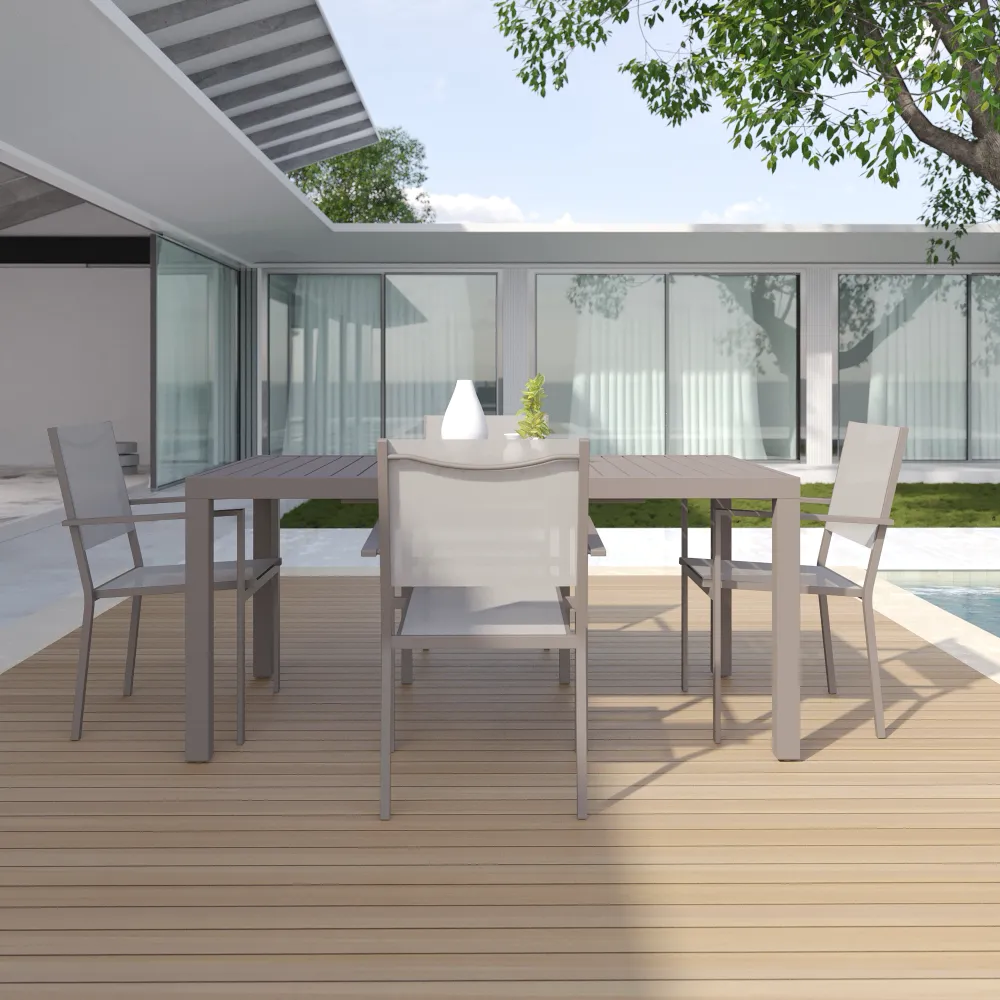 Set da esterno tortora con tavolo allungabile 160/240x75cm e 4 sedie in alluminio e textilene con braccioli squadrati | Marel