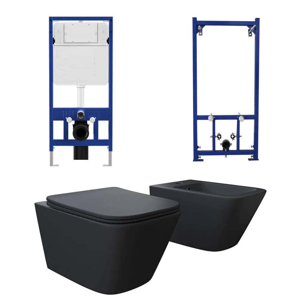 Kit coppia sanitari sospesi WC e bidet con sistema di scarico da incasso e telaio per bidet mod. Kyoto nero opaco