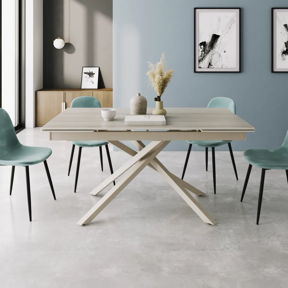 Tavolo allungabile 160-240x90cm top in ceramica effetto travertino e gambe in acciaio beige | Helmi