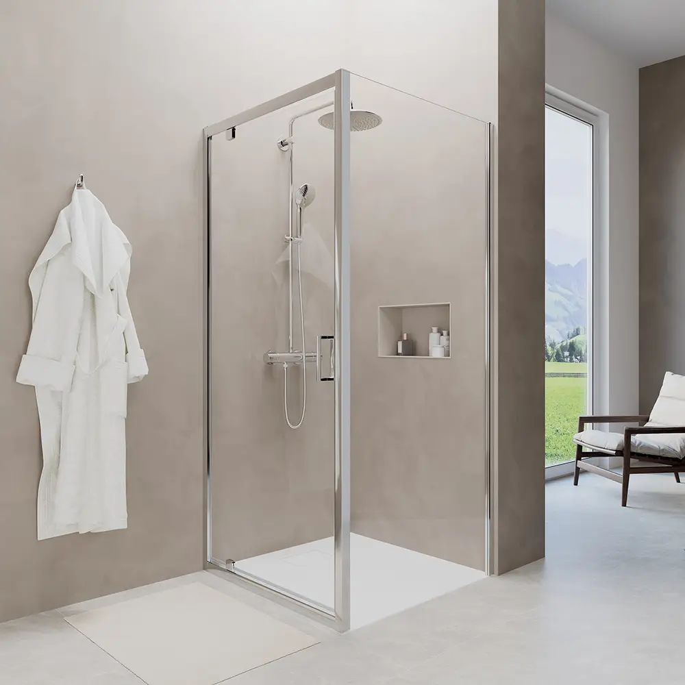 Box doccia Apulia con apertura a battente e parete fissa laterale cristallo 6mm trasparente Box doccia Apulia con apertura a battente e parete fissa laterale cristallo 6mm trasparente