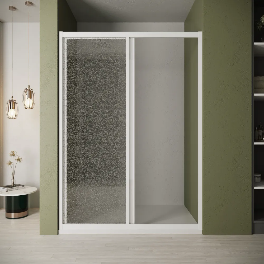 Nicchia doccia 140cm apertura scorrevole profili bianchi in pvc e pannello acrilico 1,8mm h190cm Nicchia doccia 140cm apertura scorrevole profili bianchi in pvc e pannello acrilico 1,8mm h190cm