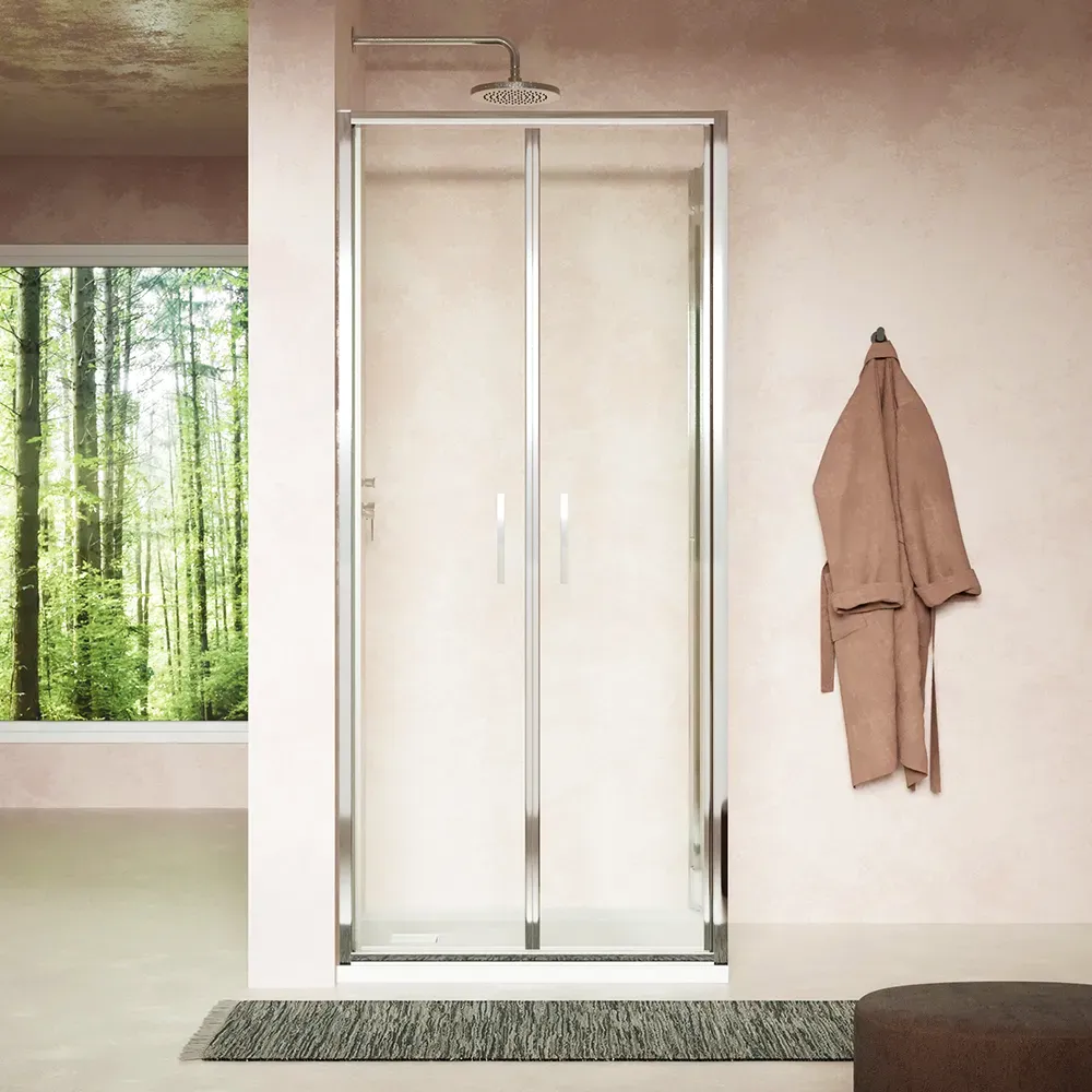 Box doccia slim 70x70cm con porta saloon e parete fissa profili cromati e vetro 6mm trasparente h190| Portofino Box doccia slim 70x70cm con porta saloon e parete fissa profili cromati e vetro 6mm trasparente h190| Portofino