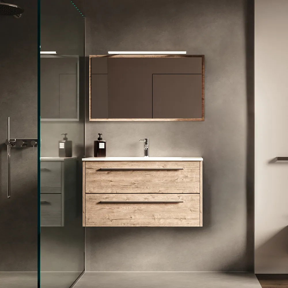 Mobile bagno sospeso 90cm rovere naturale due cassetti soft-close con lavabo e specchio |Aoki Mobile bagno sospeso 90cm rovere naturale due cassetti soft-close con lavabo e specchio |Aoki