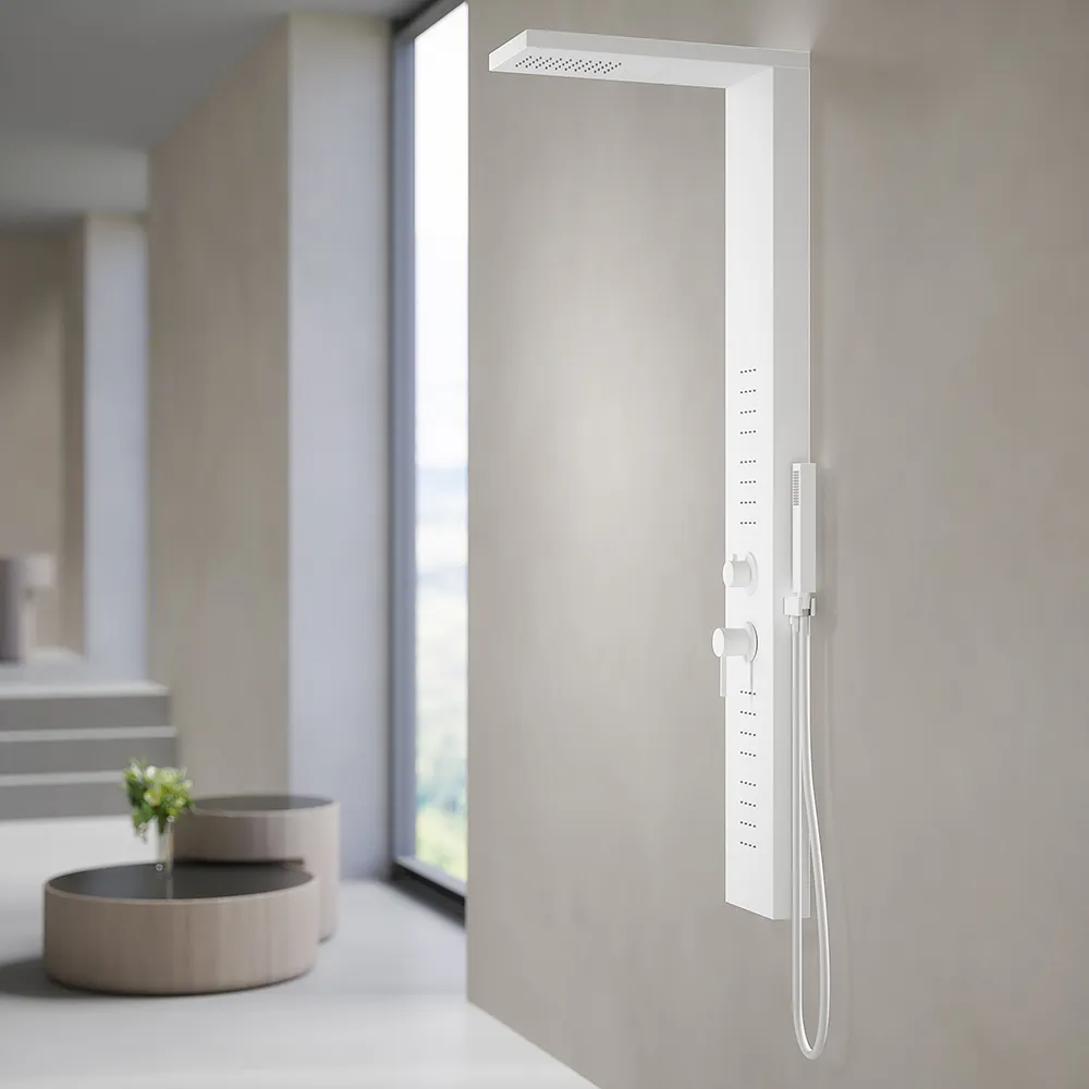 Pannello doccia squadrato in alluminio bianco opaco con doccino, 4 getti e 3 funzioni | Bormio Pannello doccia squadrato in alluminio bianco opaco con doccino, 4 getti e 3 funzioni | Bormio
