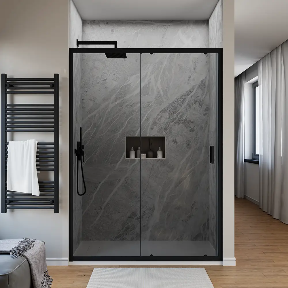 Porta doccia per nicchia mod. Sicily con profili alluminio nero e vetro temperato fume - 1 Porta doccia per nicchia mod. Sicily con profili alluminio nero e vetro temperato fume - 1