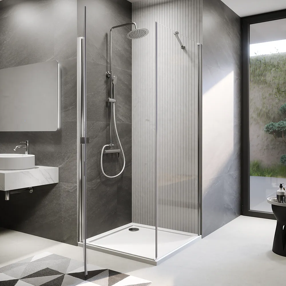 Box doccia 70x70 cm con apertura a battente e parete fissa, profili cromati e vetro da 8mm trasparente h195 | Fiji Box doccia 70x70 cm con apertura a battente e parete fissa, profili cromati e vetro da 8mm trasparente h195 | Fiji