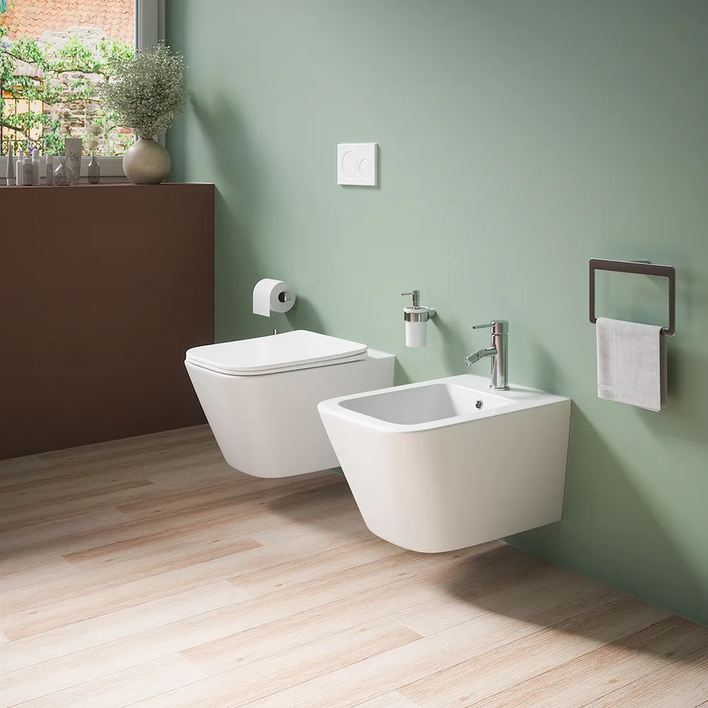 Sanitari sospesi in ceramica bianco lucido vaso rimless sedile soft-close e bidet | Kyoto Sanitari sospesi in ceramica bianco lucido vaso rimless sedile soft-close e bidet | Kyoto