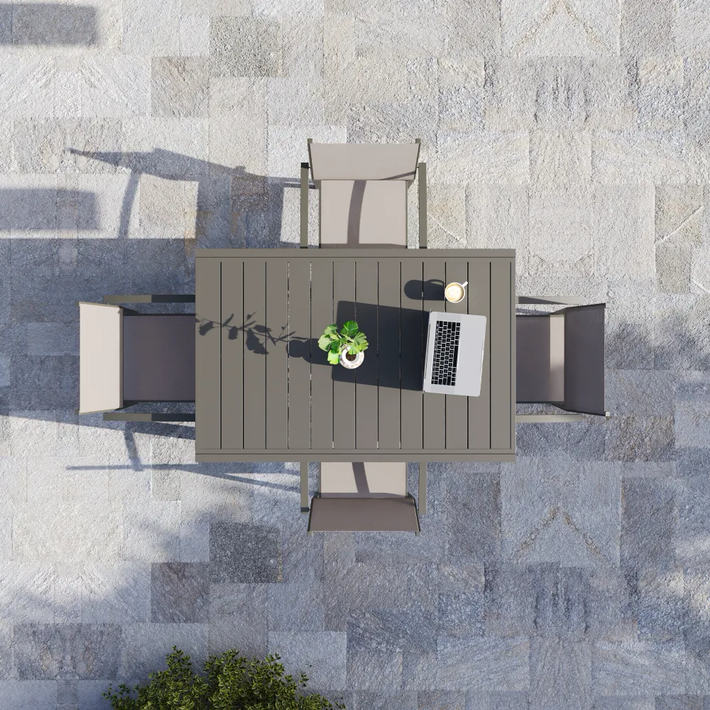 Set da esterno tortora con tavolo allungabile 135/270x74cm e 4 sedie in alluminio e textilene con braccioli tondi | Marel Set da esterno tortora con tavolo allungabile 135/270x74cm e 4 sedie in alluminio e textilene con braccioli tondi | Marel