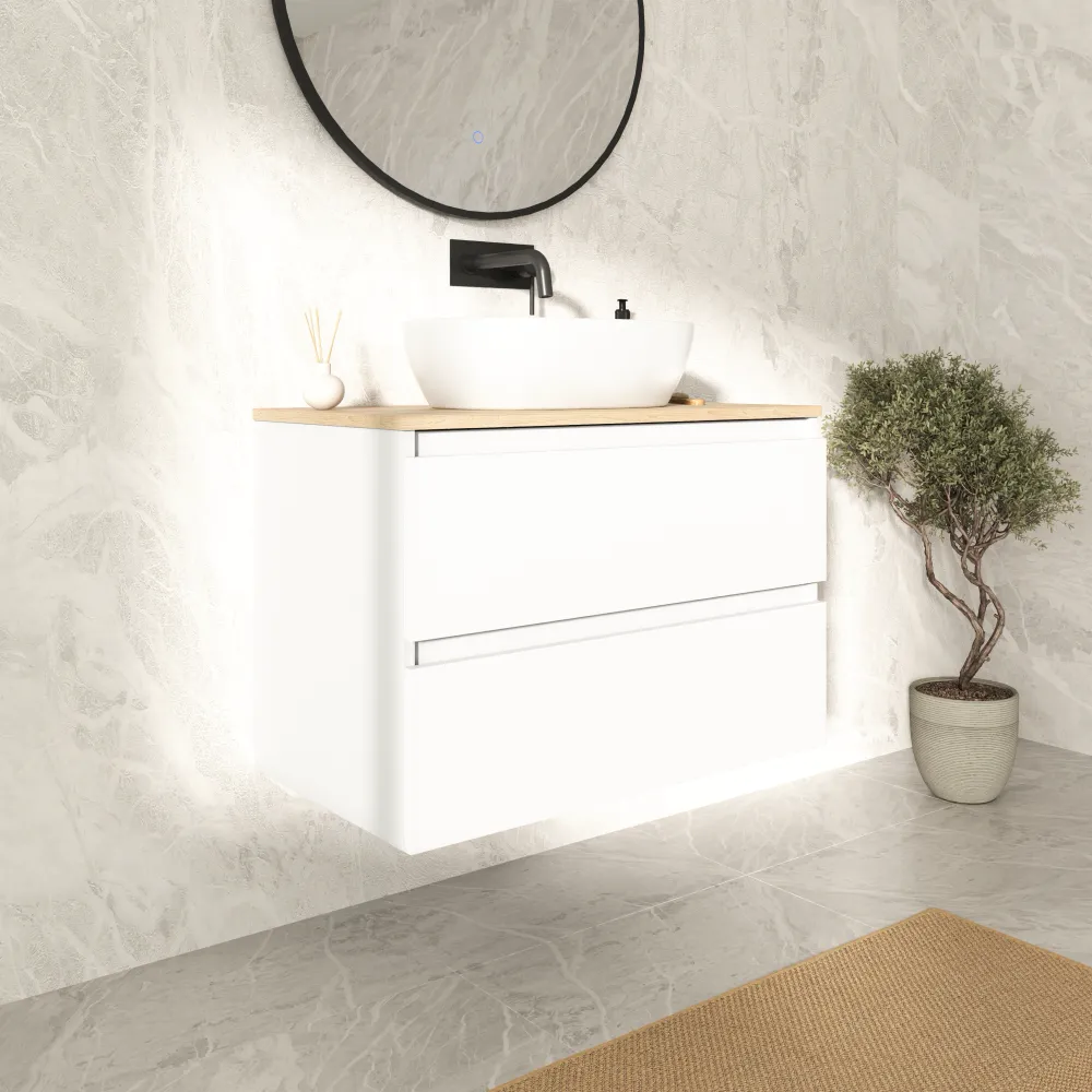 Mobile bagno sospeso 60cm due cassetti bianco opaco con top rovere chiaro | Hexa Mobile bagno sospeso 60cm due cassetti bianco opaco con top rovere chiaro | Hexa