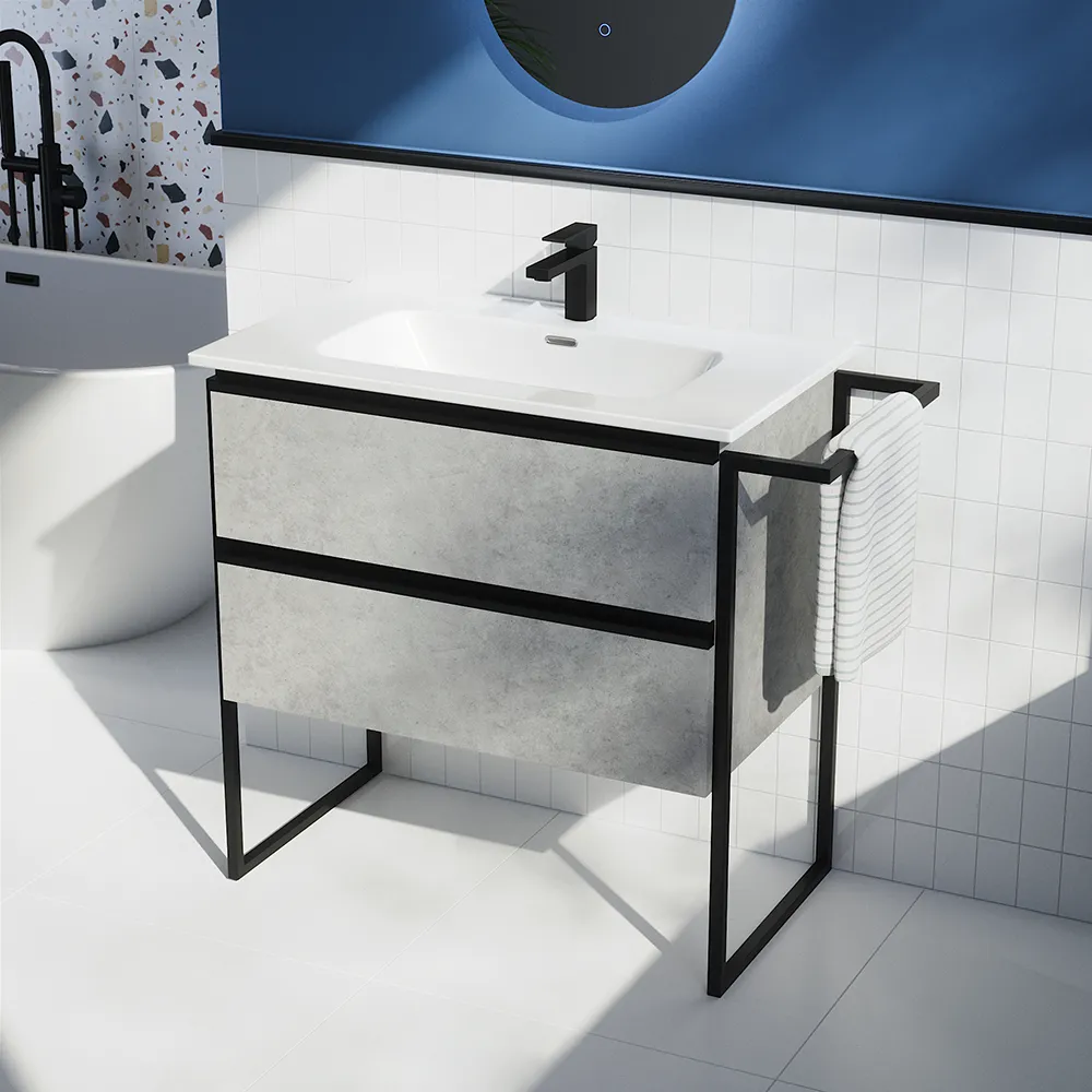 Mobile bagno a terra 60cm grigio cemento con lavabo in ceramica | Sapo Mobile bagno a terra 60cm grigio cemento con lavabo in ceramica | Sapo