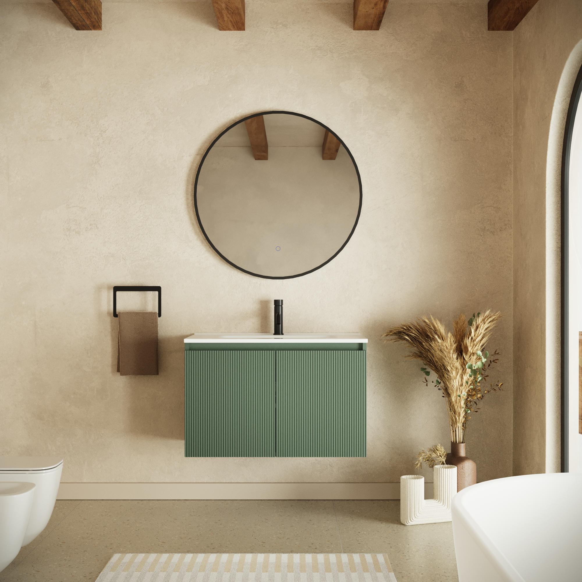 Mobile bagno sospeso 60cm due ante verde foresta cannettato con lavabo bianco lucido | Pelion Mobile bagno sospeso 60cm due ante verde foresta cannettato con lavabo bianco lucido | Pelion