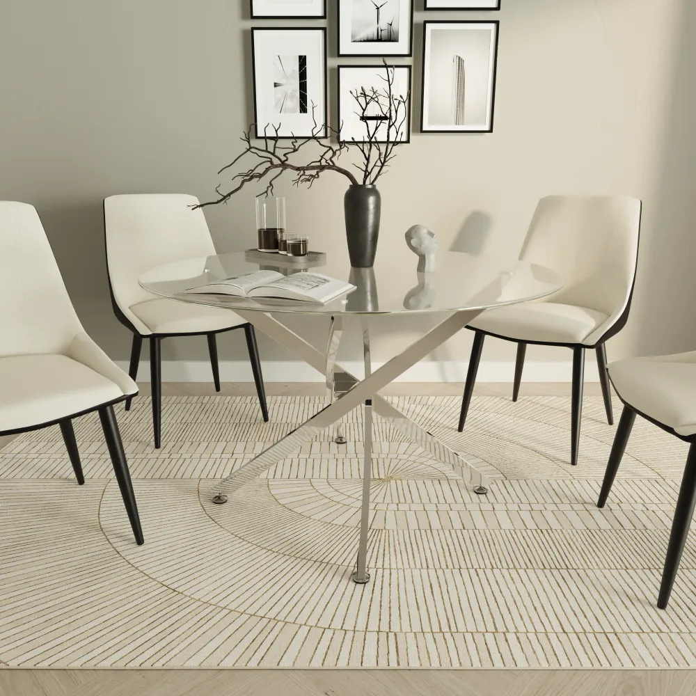 Tavolo rotondo Ø120cm top in vetro temperato trasparente 8mm e gambe incrociate in acciaio cromato | Leif