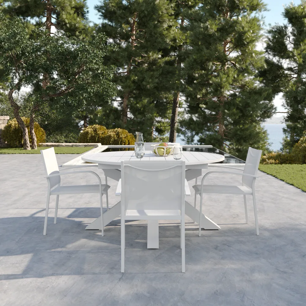 Set da esterno bianco con tavolo ovale allungabile 145/199x75cm e 4 sedie in alluminio e textilene con braccioli tondi | Juma