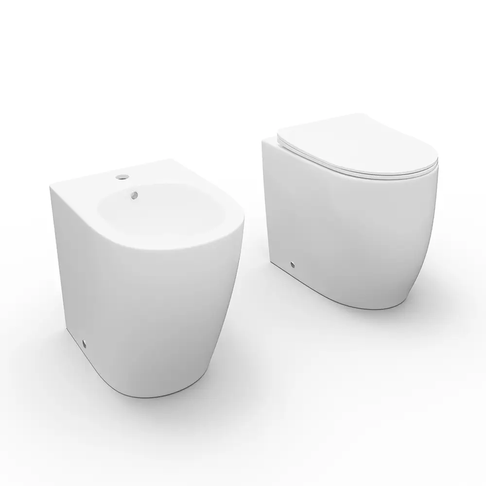 Coppia di sanitari in ceramica filomuro mod. Praga su sfondo bianco Coppia di sanitari in ceramica filomuro mod. Praga su sfondo bianco