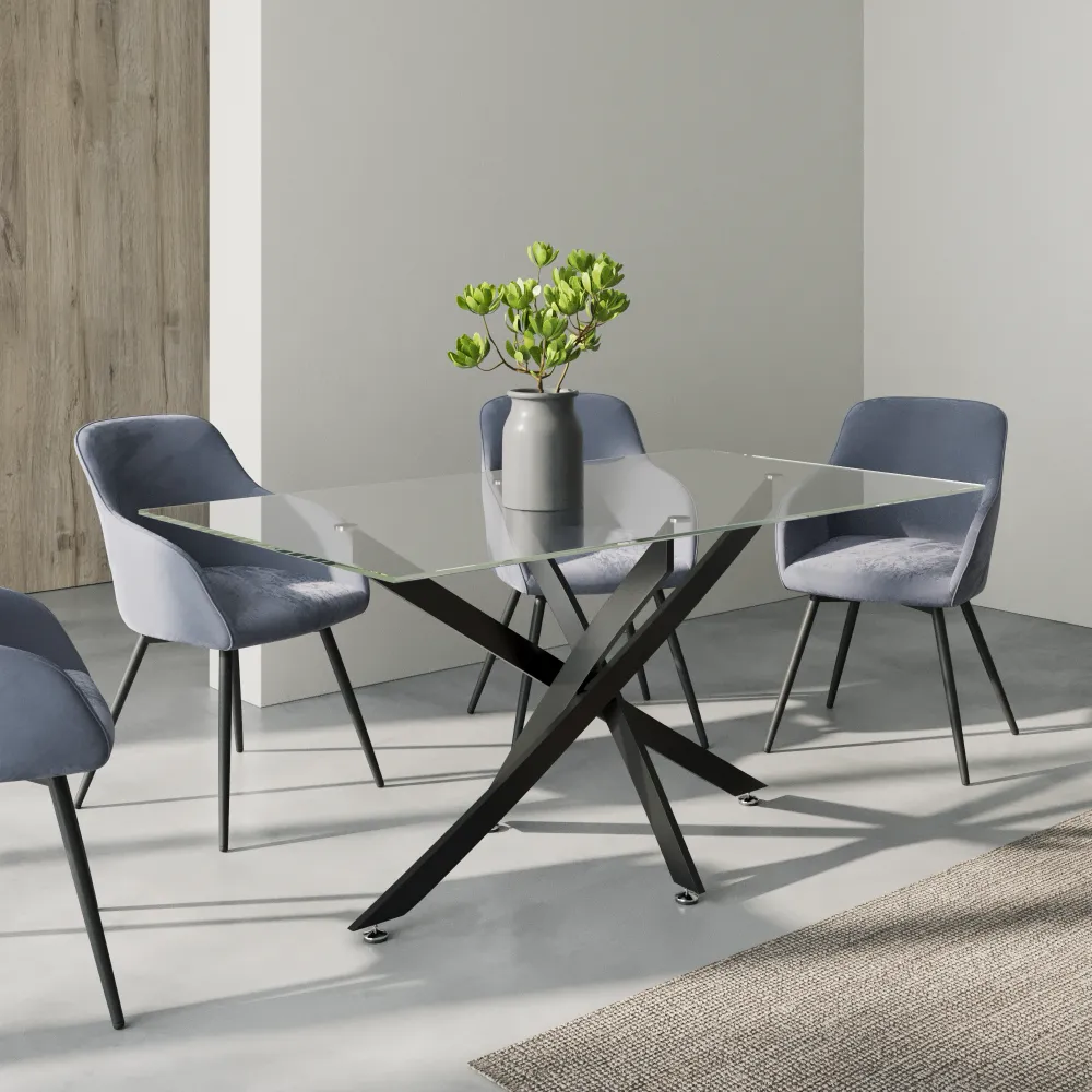 Tavolo rettangolare 160x90cm top in vetro temperato trasparente 10mm e gambe incrociate in acciaio nero | Harald