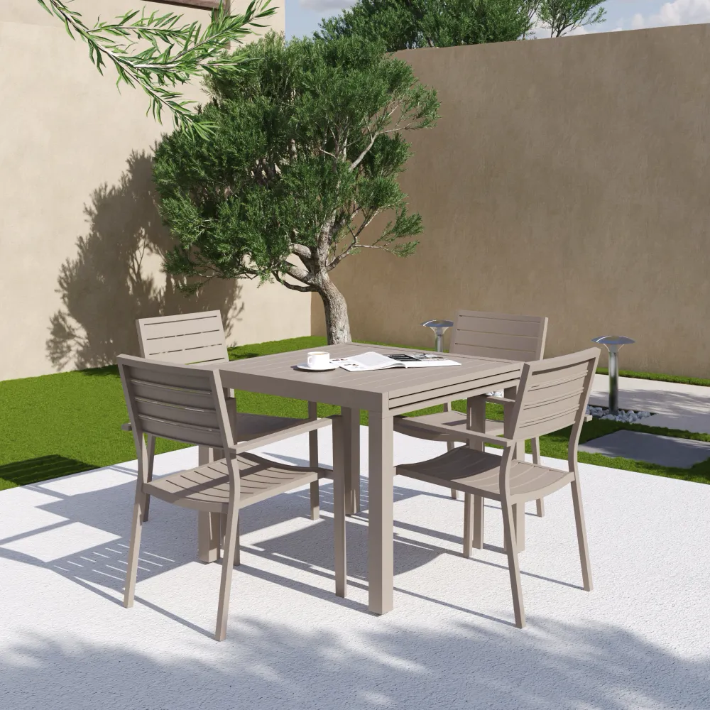 Set da esterno tortora con tavolo allungabile 90/180x74cm e 4 sedie in alluminio | Zenor