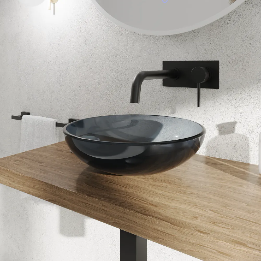 Lavabo da appoggio in vetro trasparente 39,5x39,5x14cm color antracite | Aurea Lavabo da appoggio in vetro trasparente 39,5x39,5x14cm color antracite | Aurea