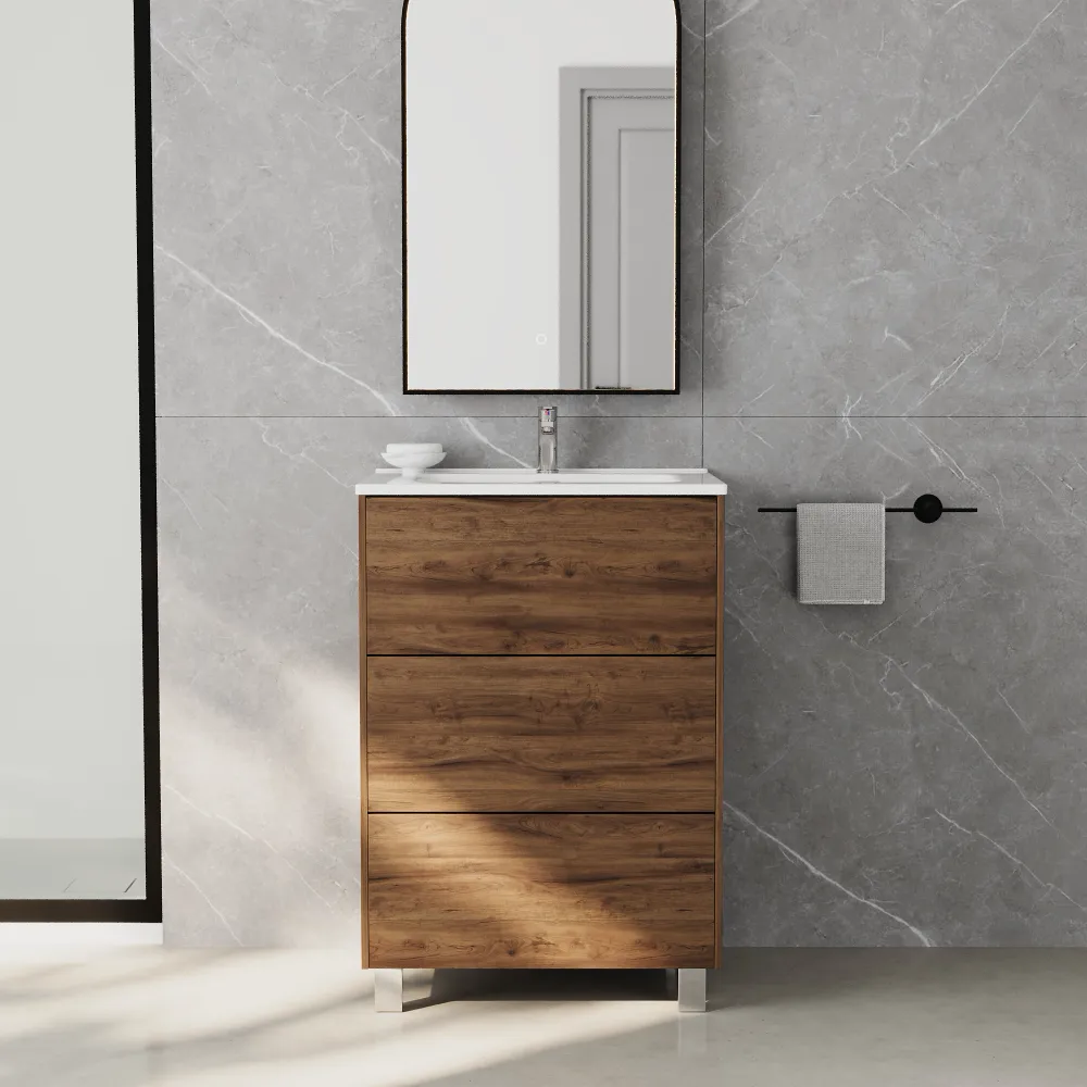 Mobile bagno a terra 70cm tre cassetti push&pull rovere barok con lavabo bianco lucido | Yaku