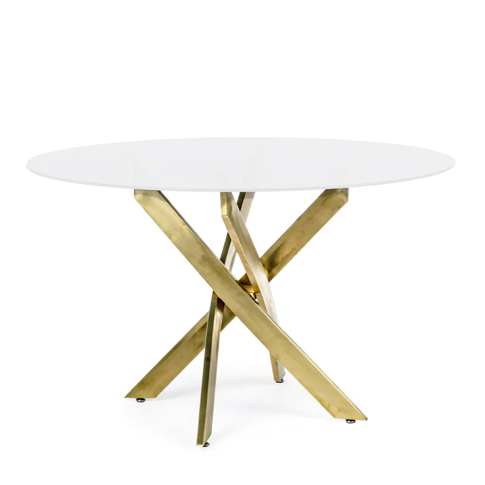 Tavolo tondo ⌀120cm con top in vetro temperato 8mm bianco e gambe incrociate in acciaio oro | George