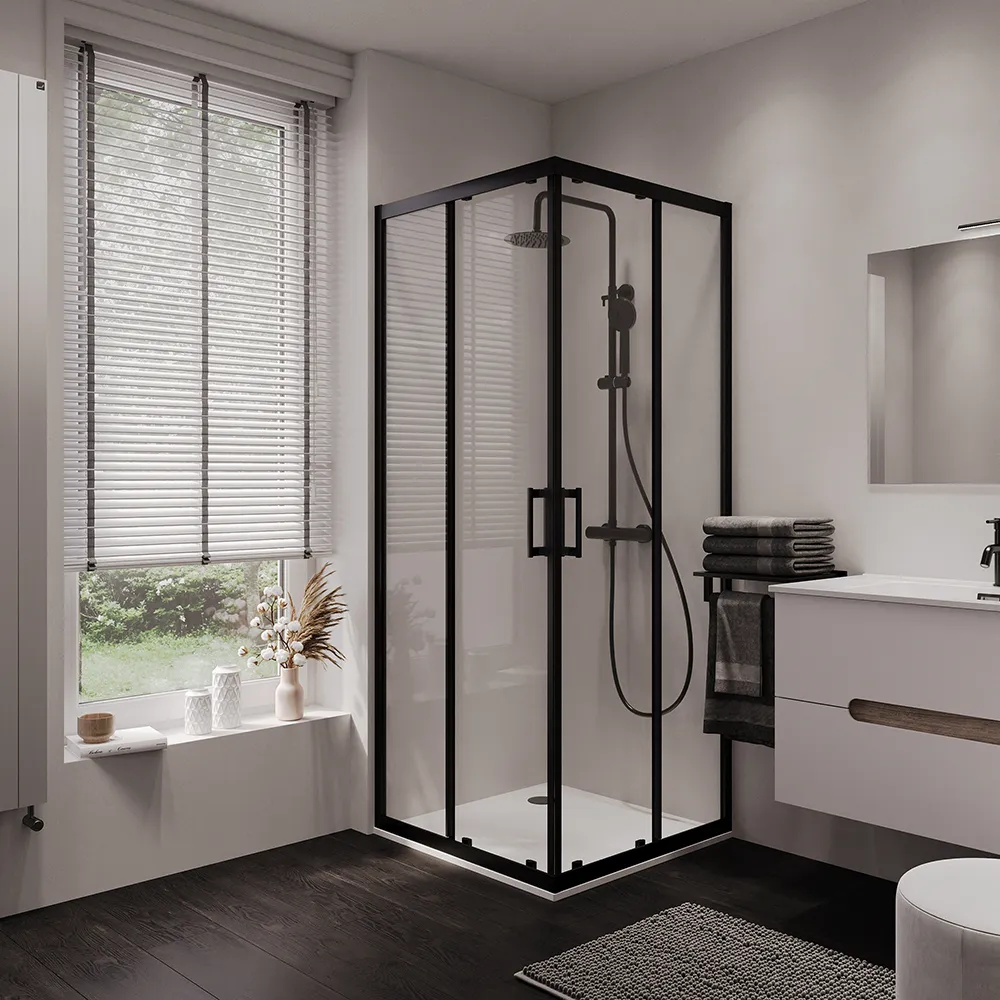Box doccia 80x120 cm angolare doppio scorrevole profili neri vetro trasparente h190 | Java Box doccia 80x120 cm angolare doppio scorrevole profili neri vetro trasparente h190 | Java