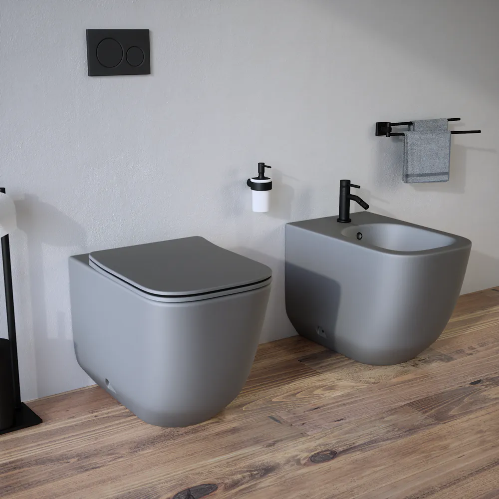 Sanitari filomuro in ceramica grigio opaco vaso tornado silent flush sedile soft-close e bidet | Riga Sanitari filomuro in ceramica grigio opaco vaso tornado silent flush sedile soft-close e bidet | Riga