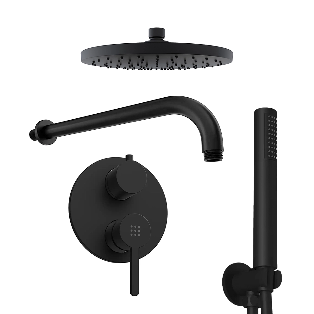 Set doccia nero opaco - Miscelatore incasso 2 vie Virna, braccio 30cm, soffione 20cm e doccino Set doccia nero opaco - Miscelatore incasso 2 vie Virna, braccio 30cm, soffione 20cm e doccino