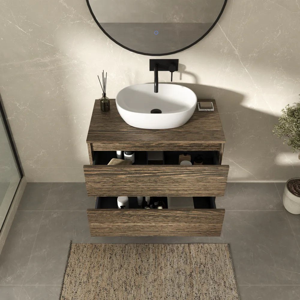 Mobile bagno sospeso 80cm due cassetti rovere scuro vintage wenge con top | Hexa