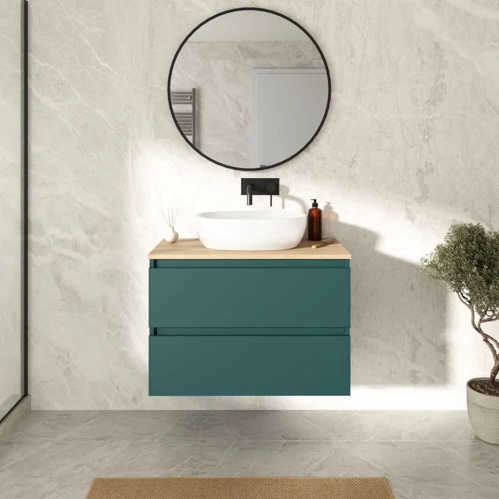 Mobile bagno sospeso 60cm due cassetti petrol con top rovere chiaro | Hexa Mobile bagno sospeso 60cm due cassetti petrol con top rovere chiaro | Hexa