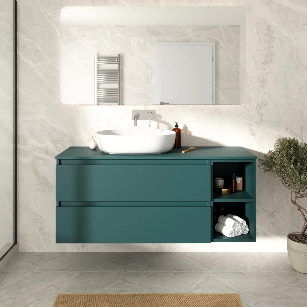 Mobile bagno sospeso 130cm due cassetti petrol con top e vano a giorno | Hexa