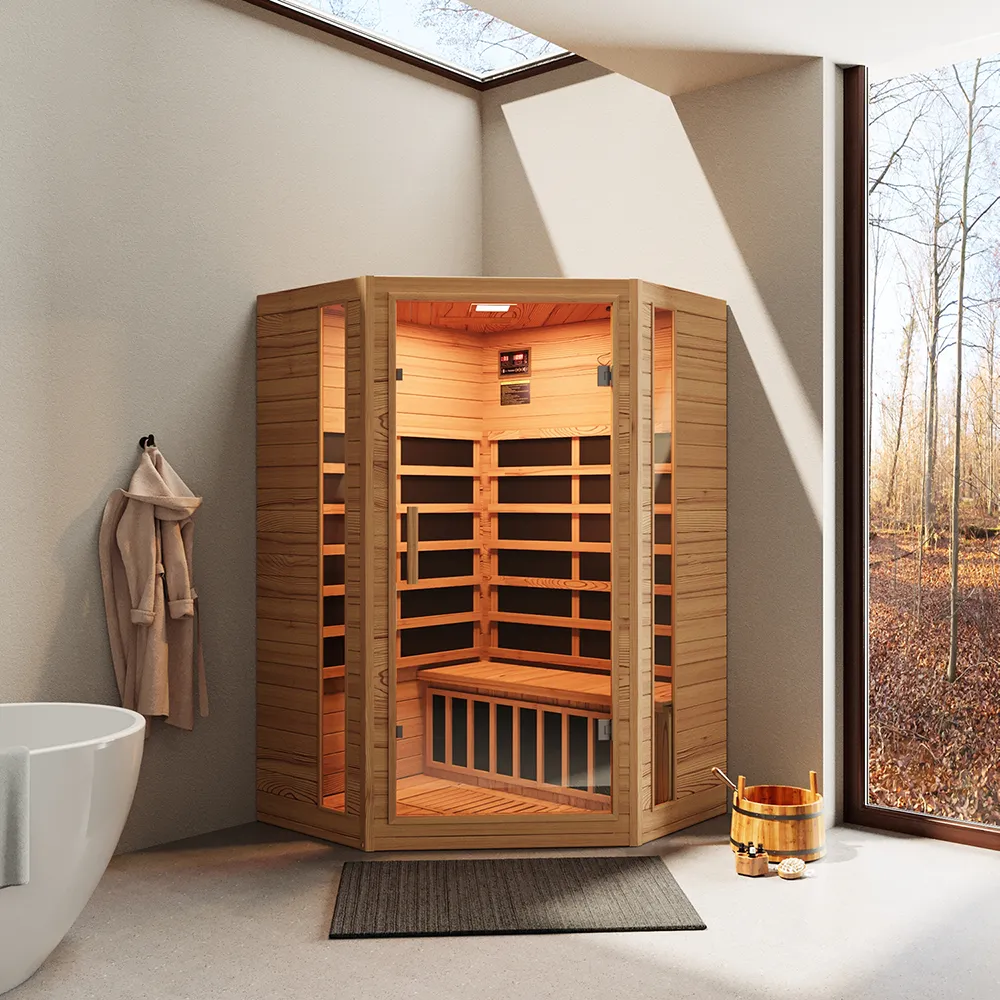 Sauna ad infrarossi 122x122 CM H188 in legno Hemlock con radio integrata | Tampere Sauna ad infrarossi 122x122 CM H188 in legno Hemlock con radio integrata | Tampere