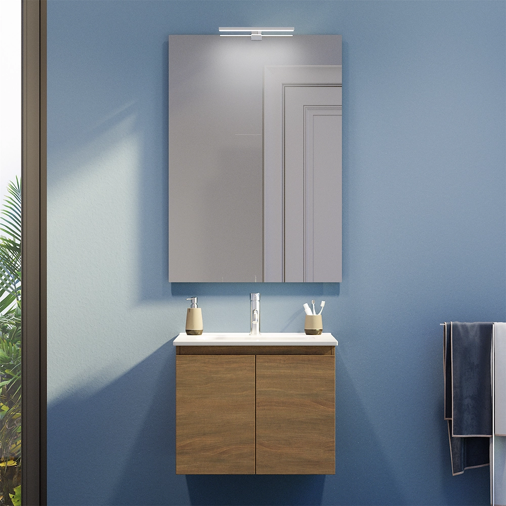Mobile bagno sospeso 60 cm due ante rovere scuro lavabo e specchio | Yili Mobile bagno sospeso 60 cm due ante rovere scuro lavabo e specchio | Yili