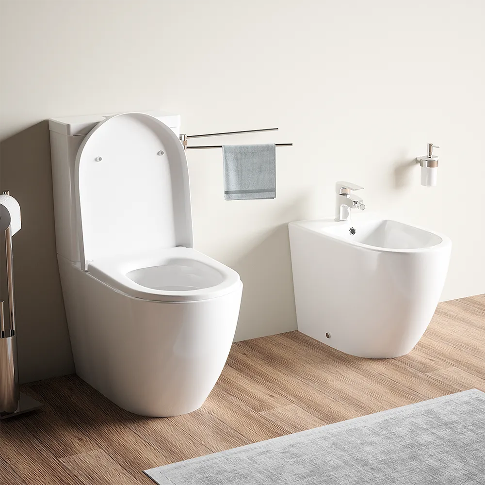 Coppia sanitari filomuro vaso tornado silent flush, sedile soft-close e bidet | Roma Coppia sanitari filomuro vaso tornado silent flush, sedile soft-close e bidet | Roma