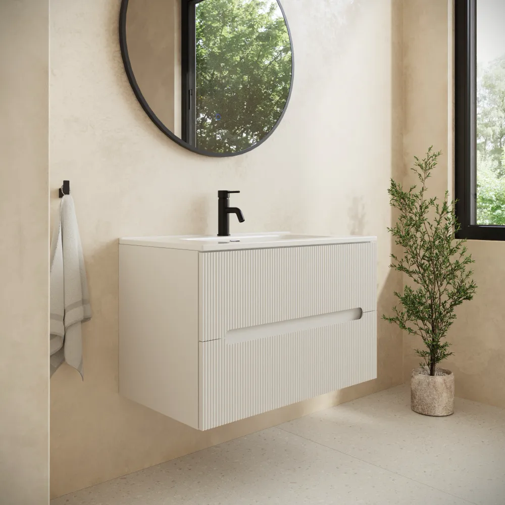 Mobile bagno sospeso 60cm due cassetti bianco opaco cannettato con lavabo | Tigua