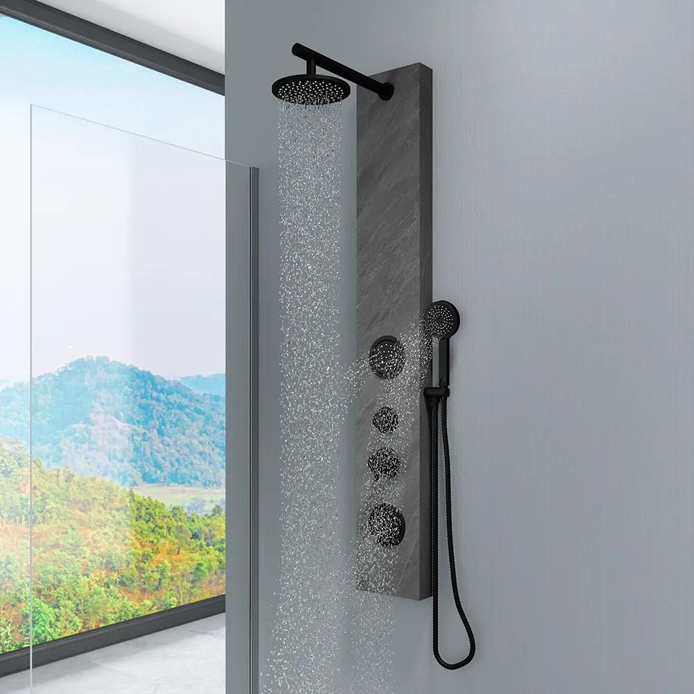 Pannello doccia 150x22cm in acciaio inox effetto cemento a 3 funzioni con doccino e flessibile | Bigar Pannello doccia 150x22cm in acciaio inox effetto cemento a 3 funzioni con doccino e flessibile | Bigar