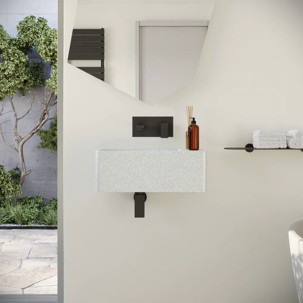 Lavabo sospeso a muro rettangolare in microcemento 55x23x20 cm bianco foro a destra | Kanas Lavabo sospeso a muro rettangolare in microcemento 55x23x20 cm bianco foro a destra | Kanas