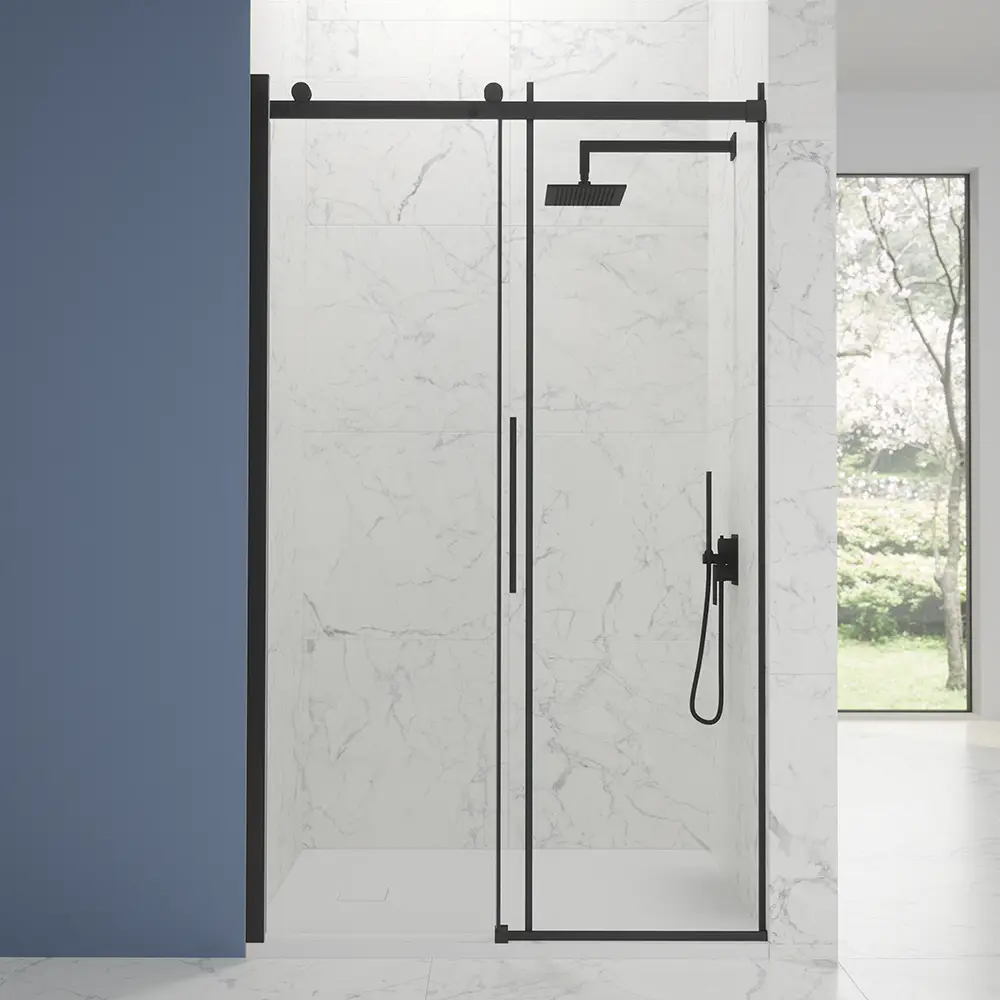 Porta doccia 140cm apertura scorrevole profili nero opaco vetro 8mm trasparente h195 | Creta Porta doccia 140cm apertura scorrevole profili nero opaco vetro 8mm trasparente h195 | Creta