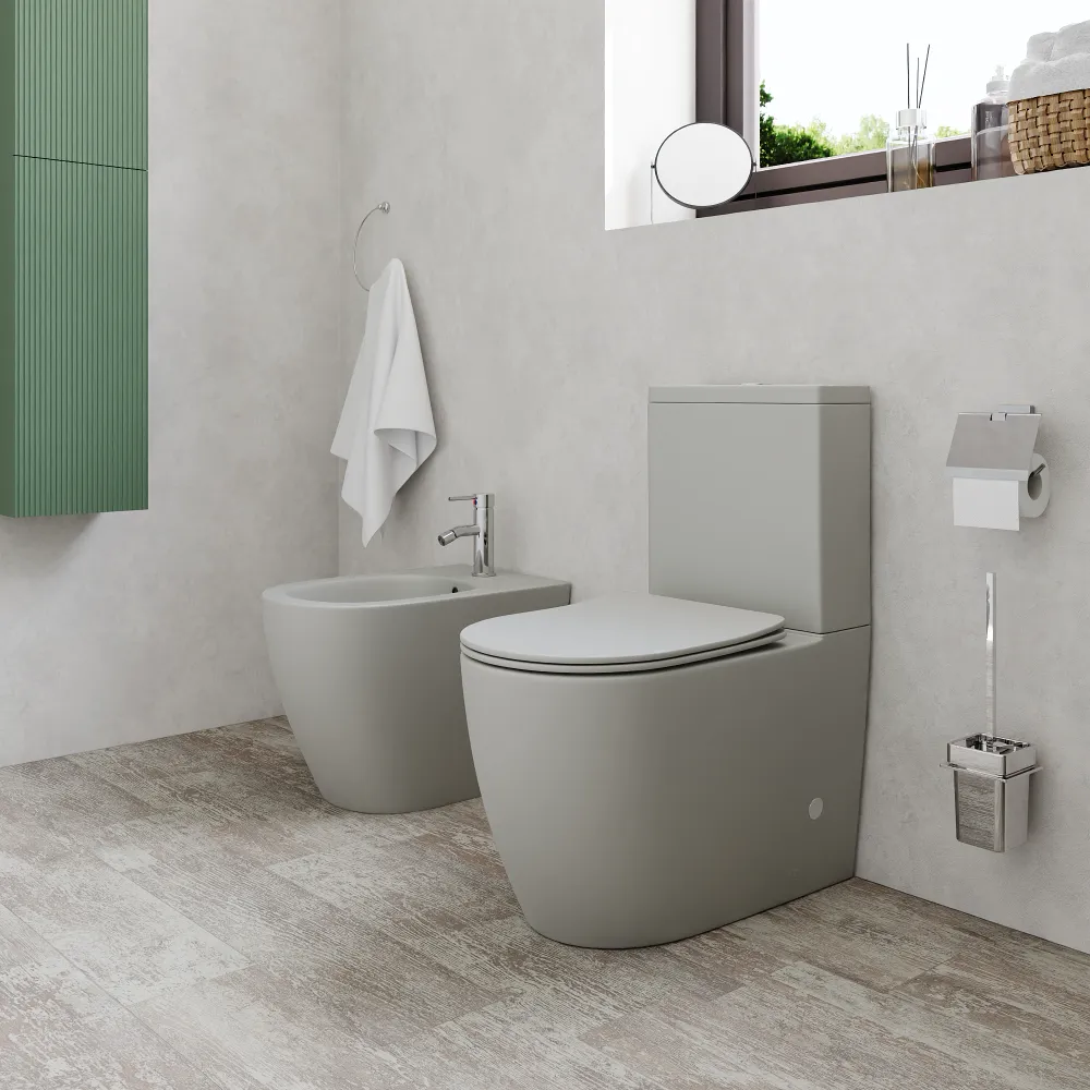 Coppia di sanitari filomuro vaso monoblocco rimless e bidet grigio opaco | Europa