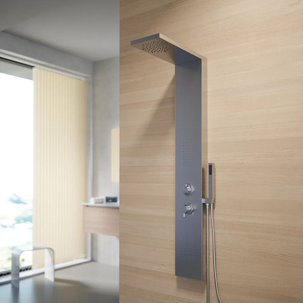 Pannello doccia squadrato in alluminio sand silver con doccino, 3 funzioni | Sirmione Pannello doccia squadrato in alluminio sand silver con doccino, 3 funzioni | Sirmione