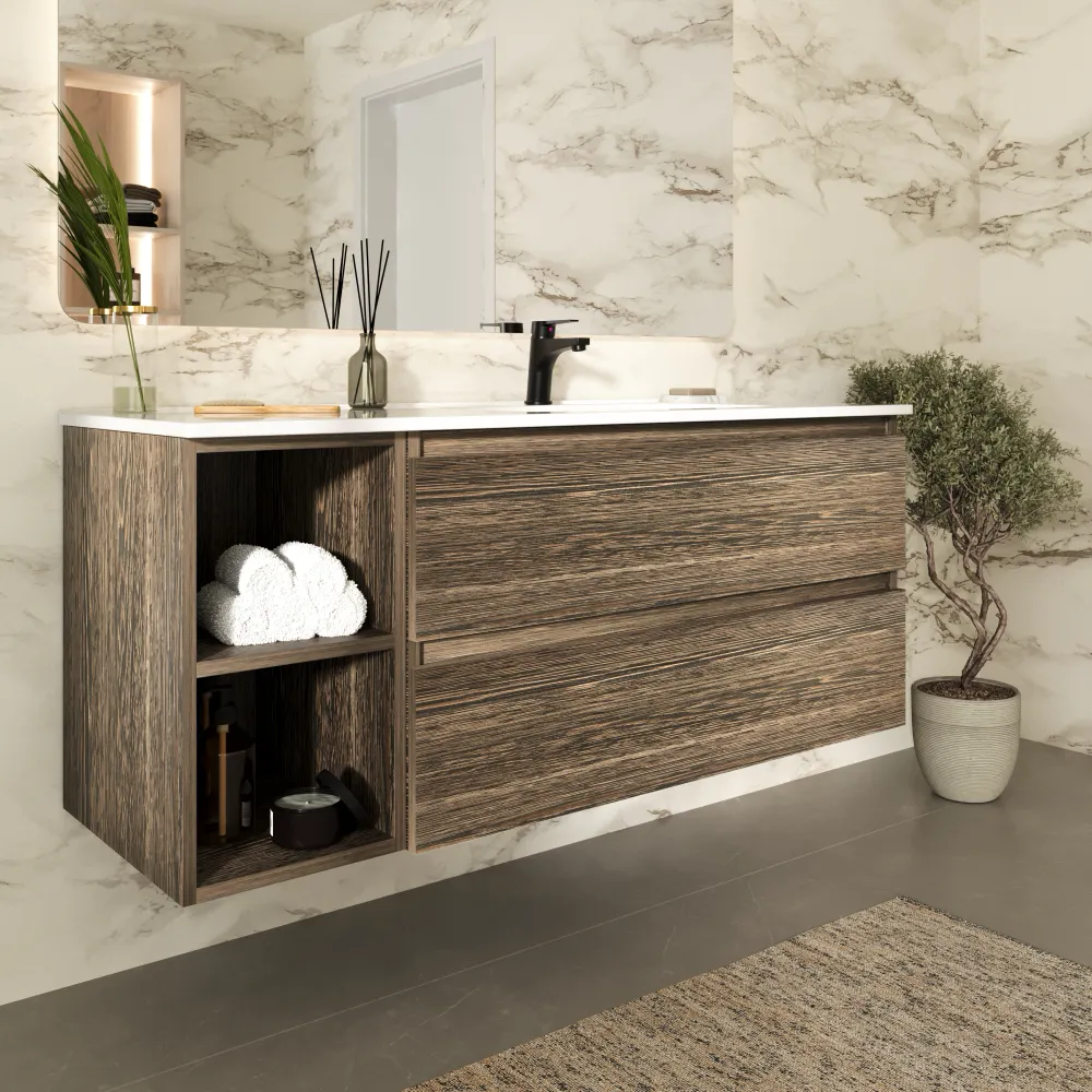 Mobile bagno sospeso 100cm due cassetti rovere scuro vintage wenge con lavabo destro e vano a giorno | Hexa