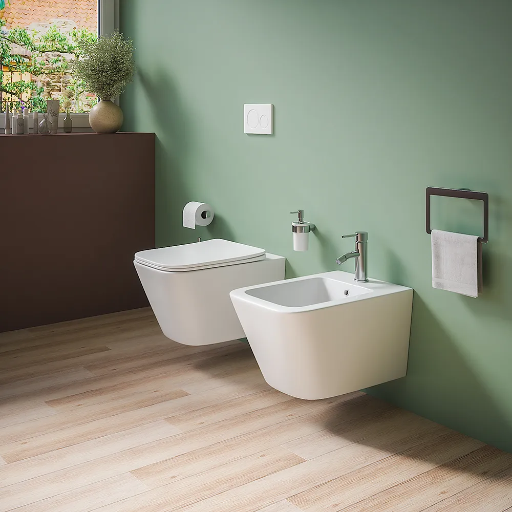 Coppia sanitari in ceramica sospesi vaso rimless, bidet e copri-wc bianco opaco | Kyoto Coppia sanitari in ceramica sospesi vaso rimless, bidet e copri-wc bianco opaco | Kyoto