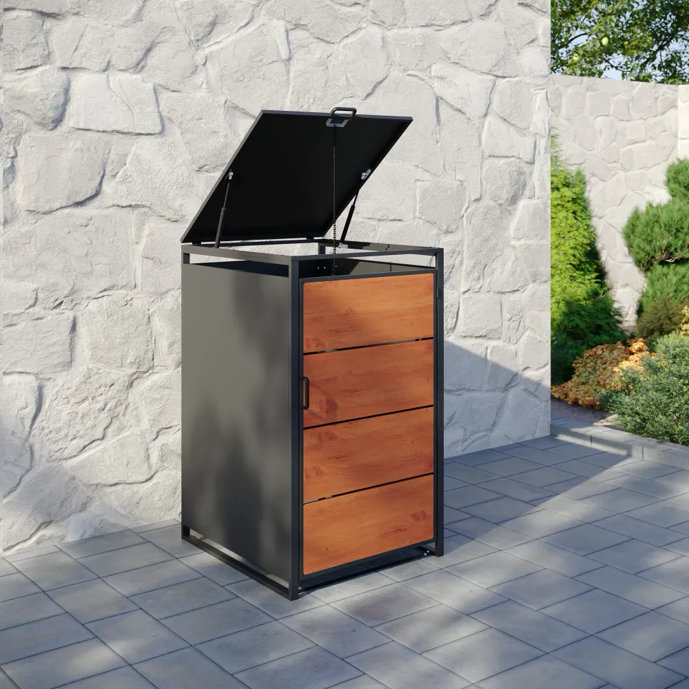 Copri bidoni 1 cassonetto 240L 68x75x115cm in acciaio zincato profili neri con pannelli effetto legno | Kubo Copri bidoni 1 cassonetto 240L 68x75x115cm in acciaio zincato profili neri con pannelli effetto legno | Kubo