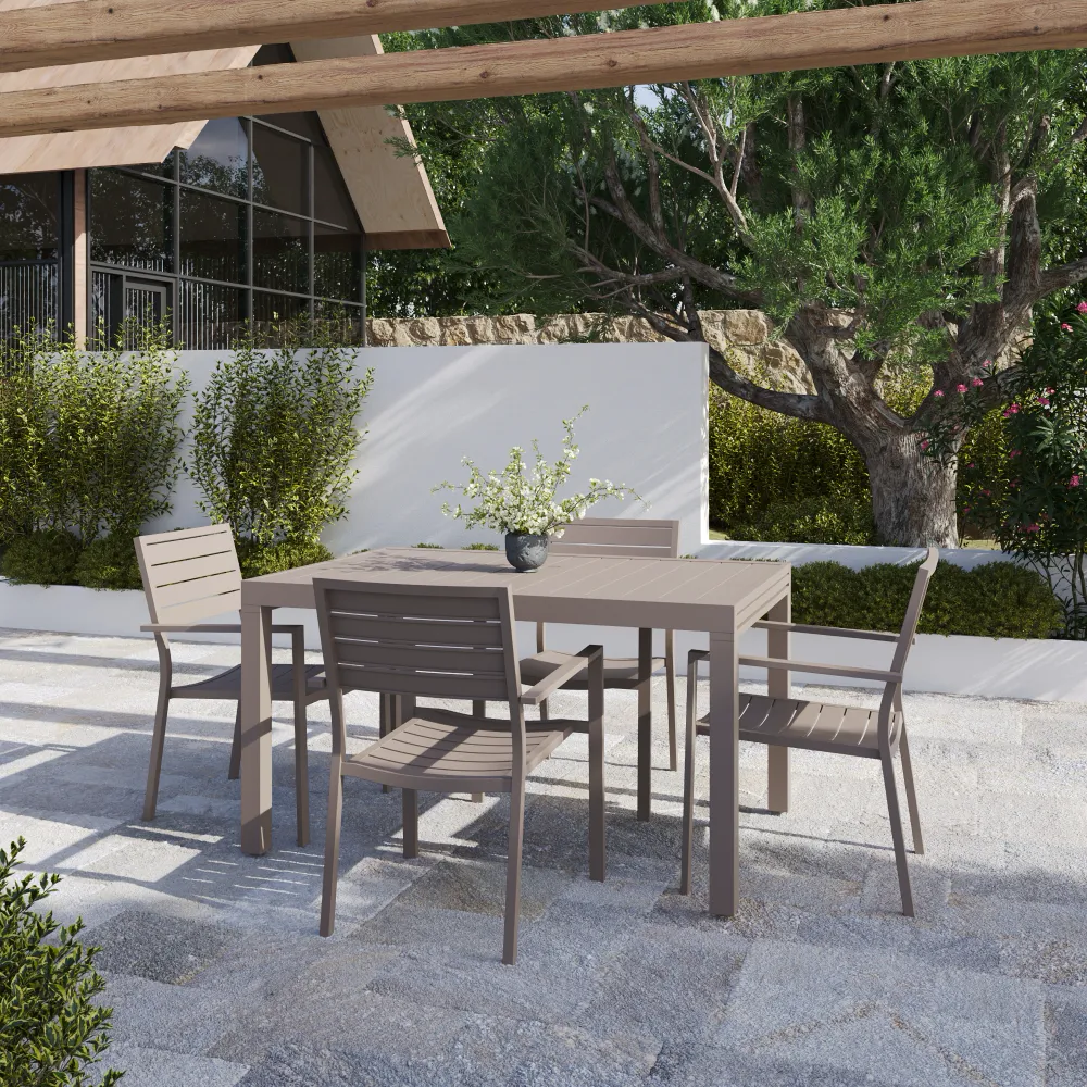 Set da esterno tortora con tavolo allungabile 135/270x74cm e 4 sedie in alluminio| Zenor