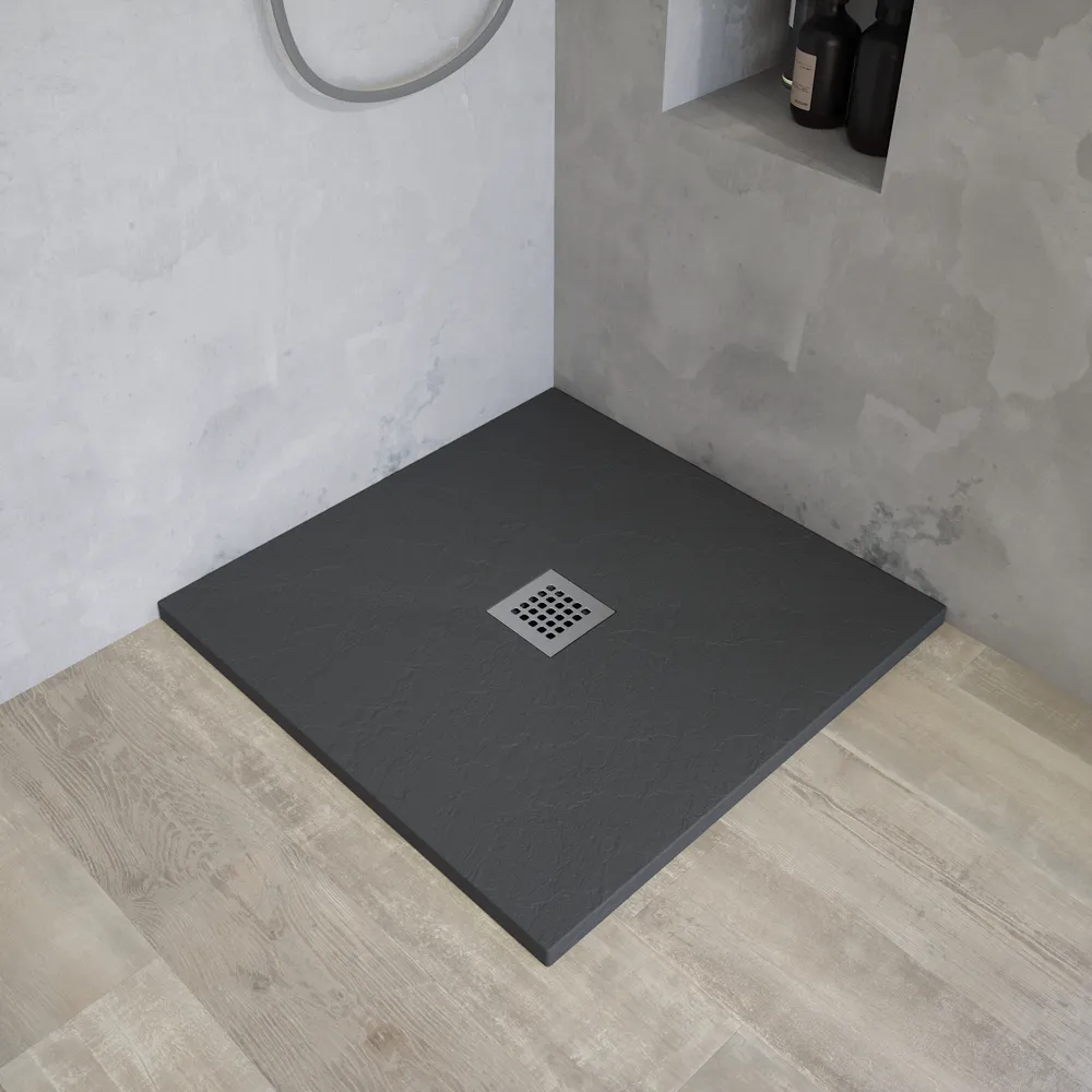 Piatto doccia quadrato 90x90 cm in marmoresina grigio antracite effetto pietra h3 cm | Milos Piatto doccia quadrato 90x90 cm in marmoresina grigio antracite effetto pietra h3 cm | Milos