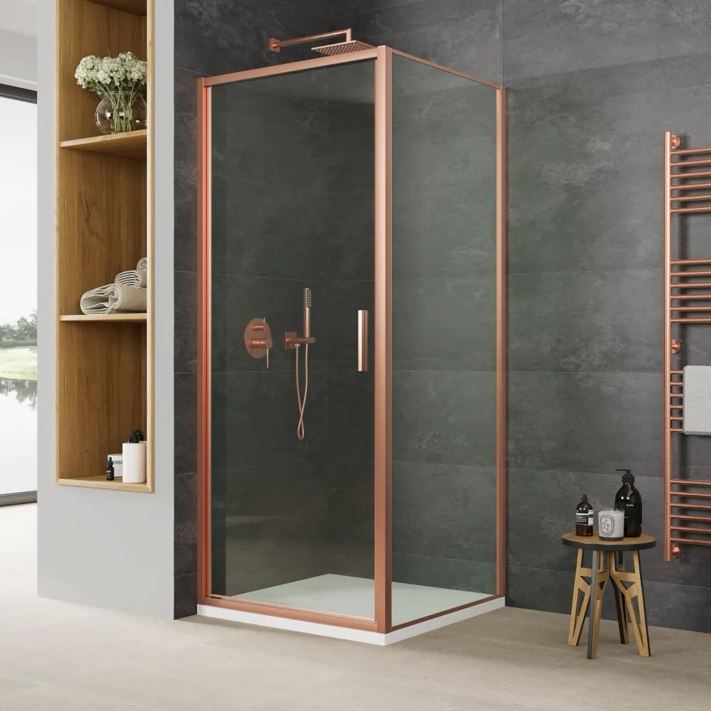 Box doccia slim 75x70cm con porta a battente e parete fissa profili rame spazzolato e vetro 6mm trasparente anticalcare h190| Portofino Box doccia slim 75x70cm con porta a battente e parete fissa profili rame spazzolato e vetro 6mm trasparente anticalcare h190| Portofino