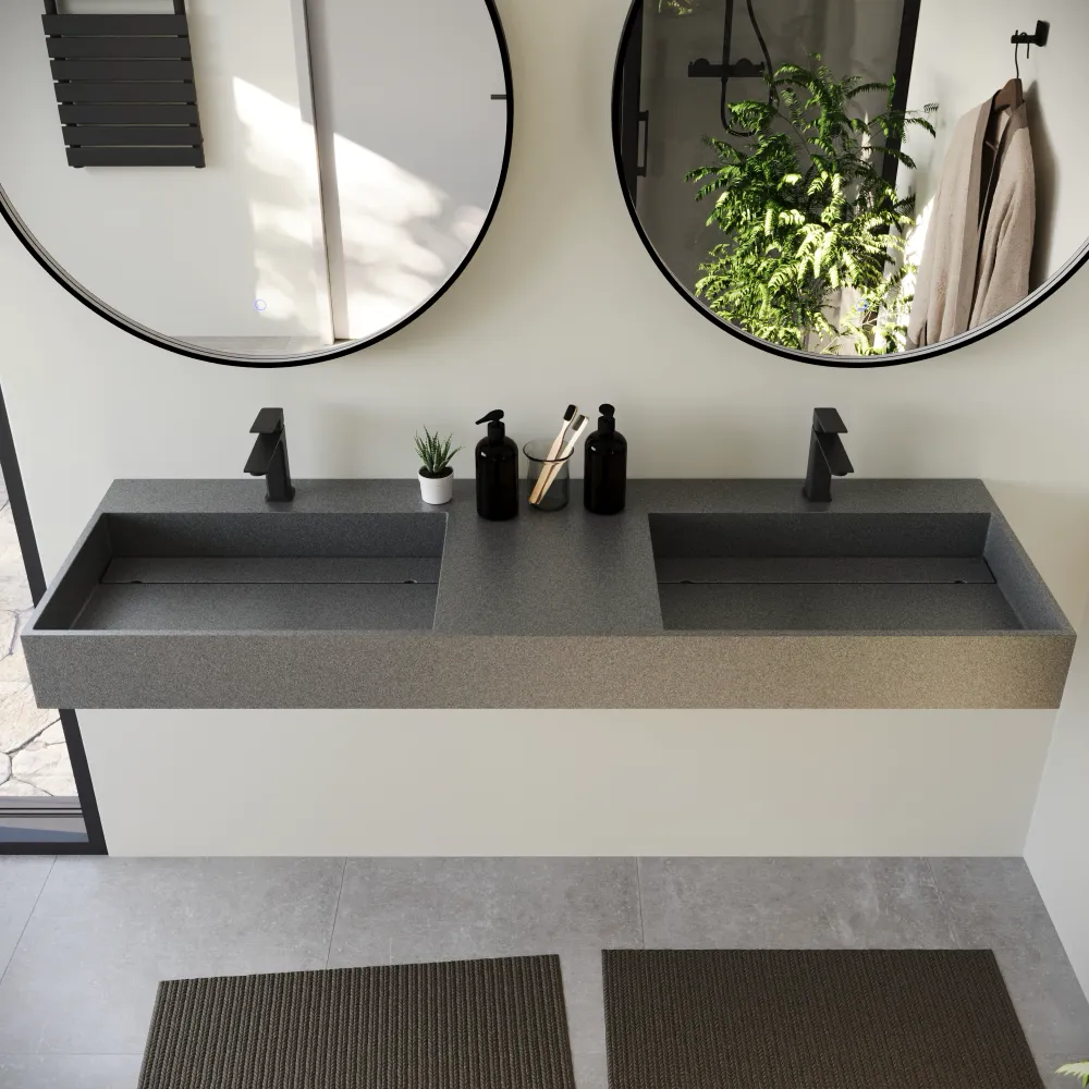 Lavabo sospeso doppia vasca a muro rettangolare 150x48x13 cm in microcemento grigio | Tasman Lavabo sospeso doppia vasca a muro rettangolare 150x48x13 cm in microcemento grigio | Tasman