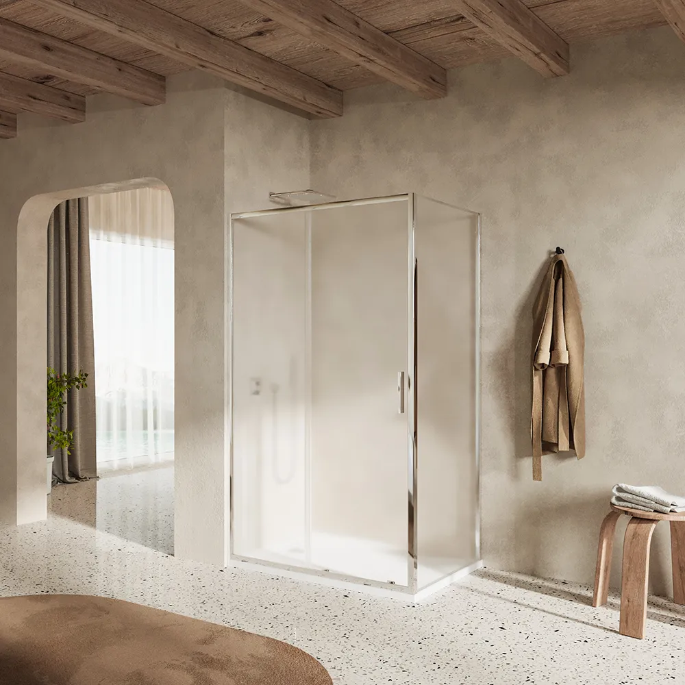 Box doccia slim 80x140cm con porta scorrevole e parete fissa profili cromati e vetro 6mm opaco h190| Portofino Box doccia slim 80x140cm con porta scorrevole e parete fissa profili cromati e vetro 6mm opaco h190| Portofino