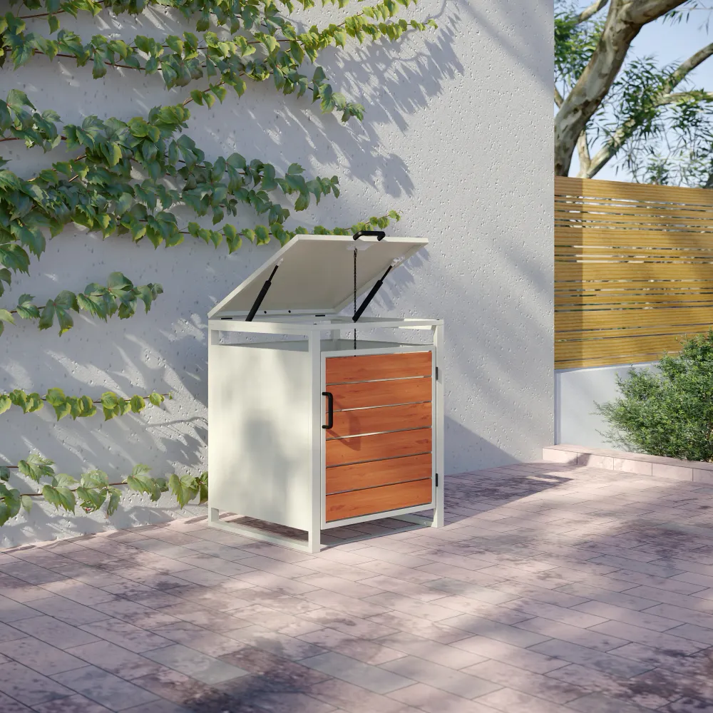 Copri bidoni 1 cassonetto 60L 50x50x64cm in acciaio zincato profili bianchi con pannelli effetto legno | Kubo Copri bidoni 1 cassonetto 60L 50x50x64cm in acciaio zincato profili bianchi con pannelli effetto legno | Kubo