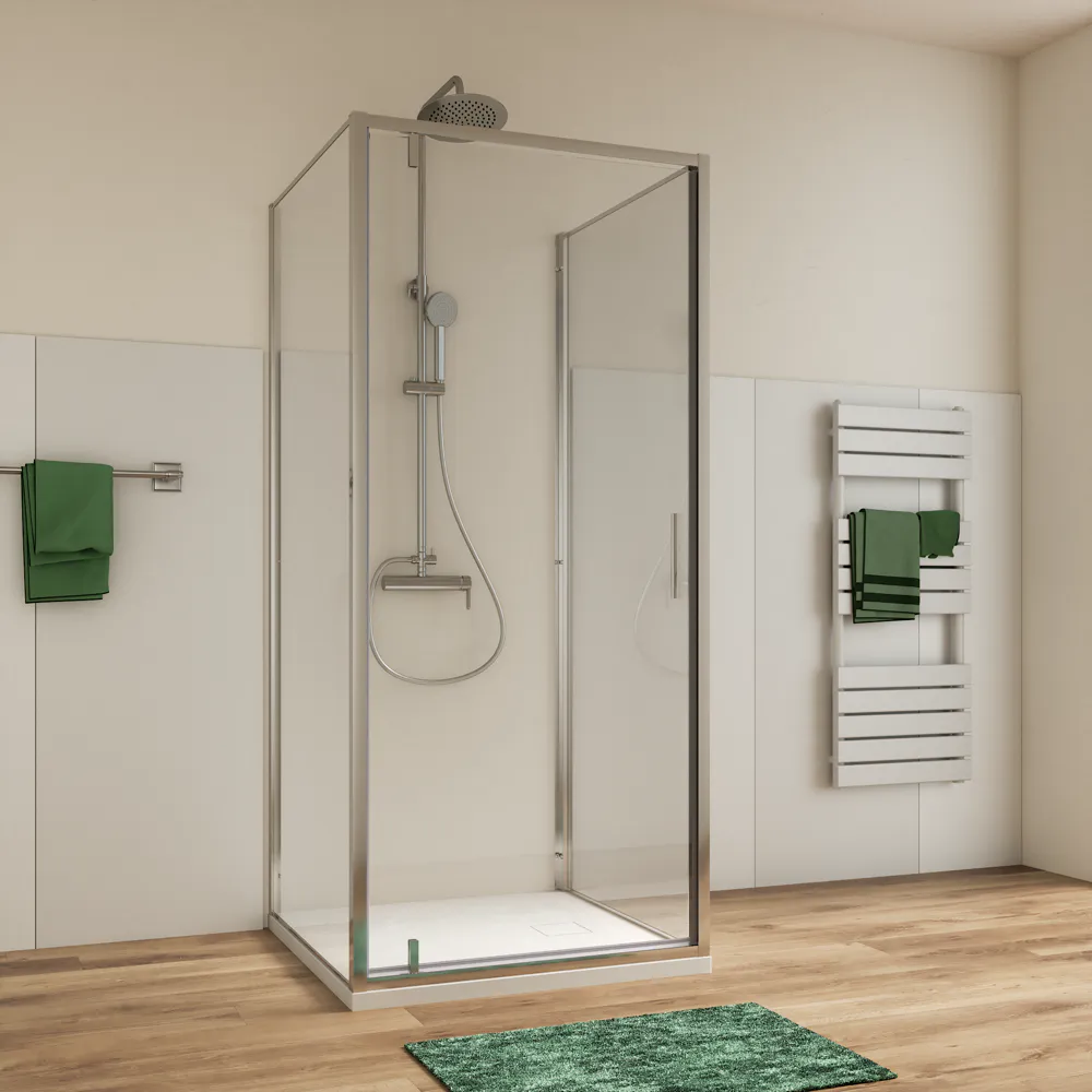 Box doccia cromato 3 lati 80x80x80cm porta battente e due pareti fisse vetro 6mm anticalcare trasparente h190 | Lerici