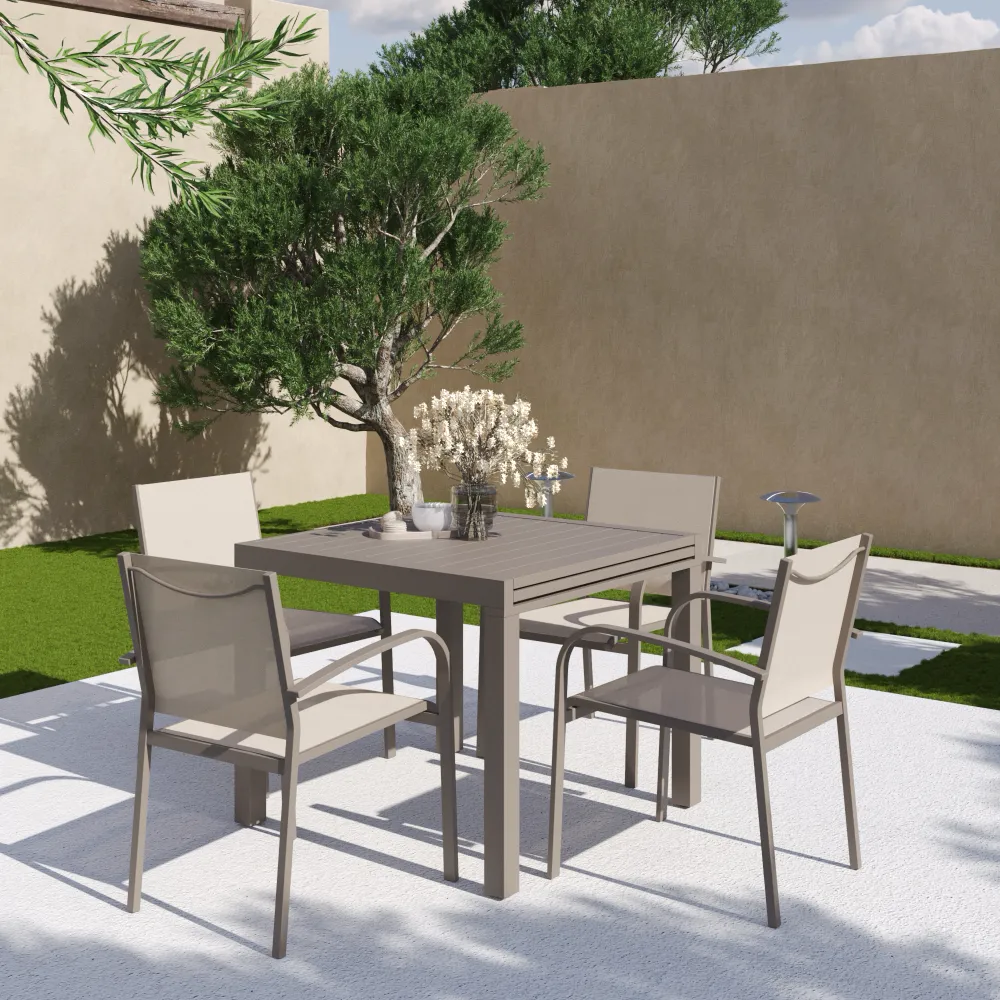 Set da esterno tortora con tavolo allungabile 90/180x74cm e 4 sedie in alluminio con textilene e braccioli tondi | Marel Set da esterno tortora con tavolo allungabile 90/180x74cm e 4 sedie in alluminio con textilene e braccioli tondi | Marel