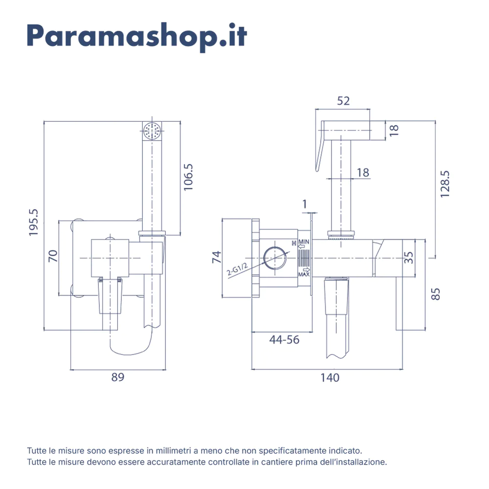 Idroscopino quadrato doppia funzione in ottone cromato con rubinetto acqua calda e fredda e flessibile 120cm